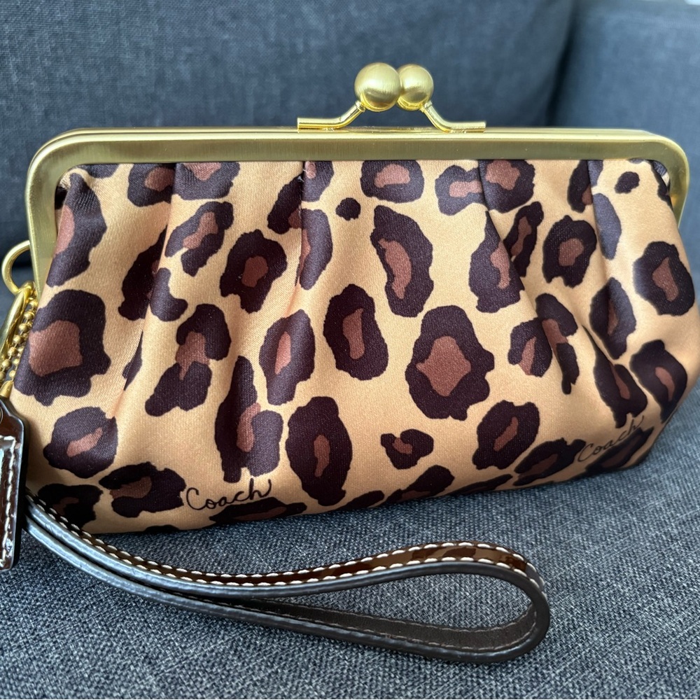Coach Leopard Print Kiss-Lock Wristlet — Tan, Brown, Black with Gold Hardware